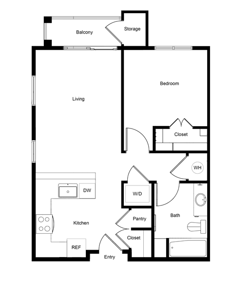 Floor plan for 1 bed, 1 bath, 657 sqft